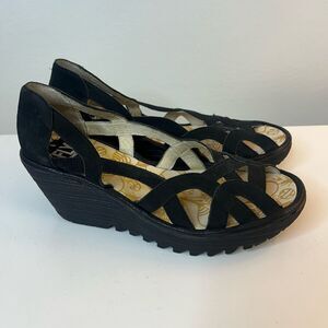 Fly London Black Yadi Cutout Suede Peep Toe Wedge Boho Sandals Women's Size 37